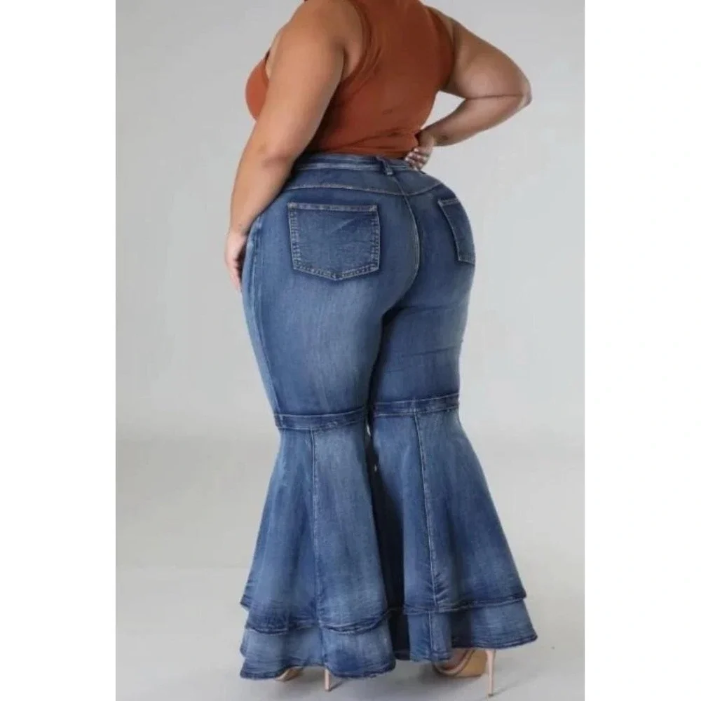 Plus Sz 1X Stretchy Fitted High Waist Layered Bell Bottom Hippie Blue Jeans Y2K - Picture 2 of 11